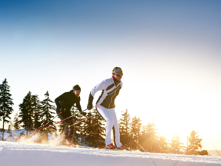 Zwei Langläufer genießen ihre Zeit beim Wintersport im Bayerischen Wald.